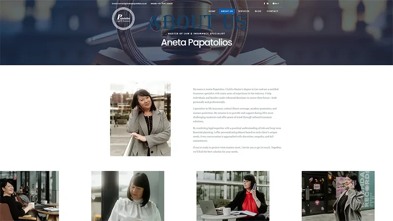 About page of the Aneta Papatolios legal and insurance advisory website