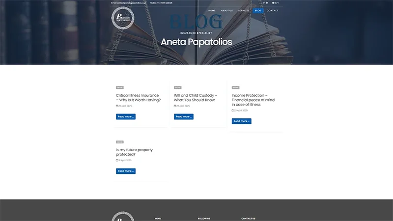 Blog overview page of the Aneta Papatolios legal and insurance advisory website