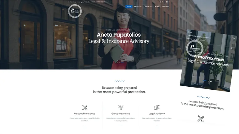 Responsive homepage of the Aneta Papatolios legal and insurance advisory website shown on desktop and mobile
