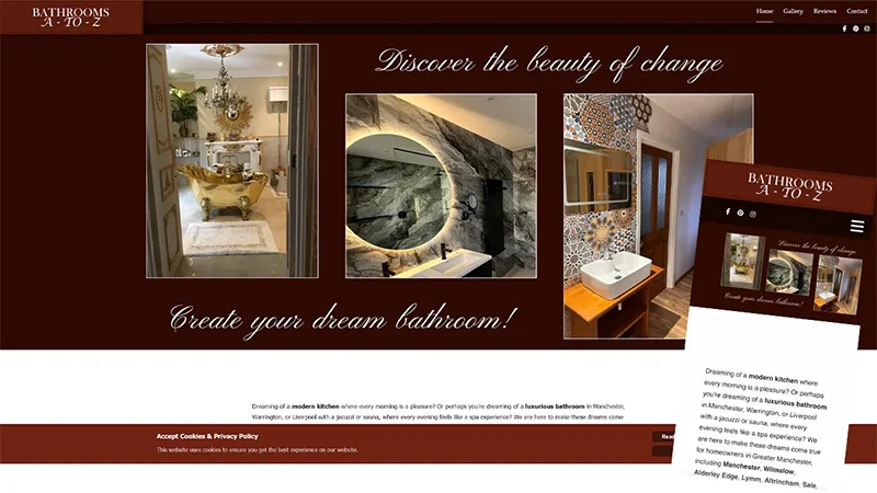 Responsive Bathrooms A to Z homepage showing completed bathroom projects on desktop and mobile