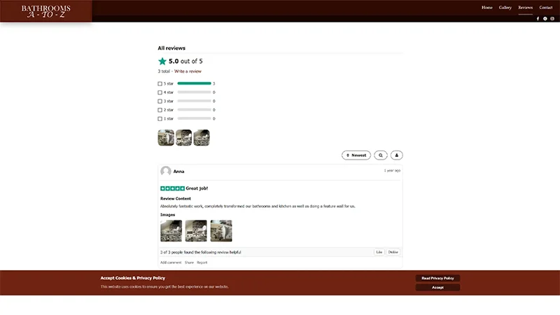 Customer reviews section on the Bathrooms A to Z website