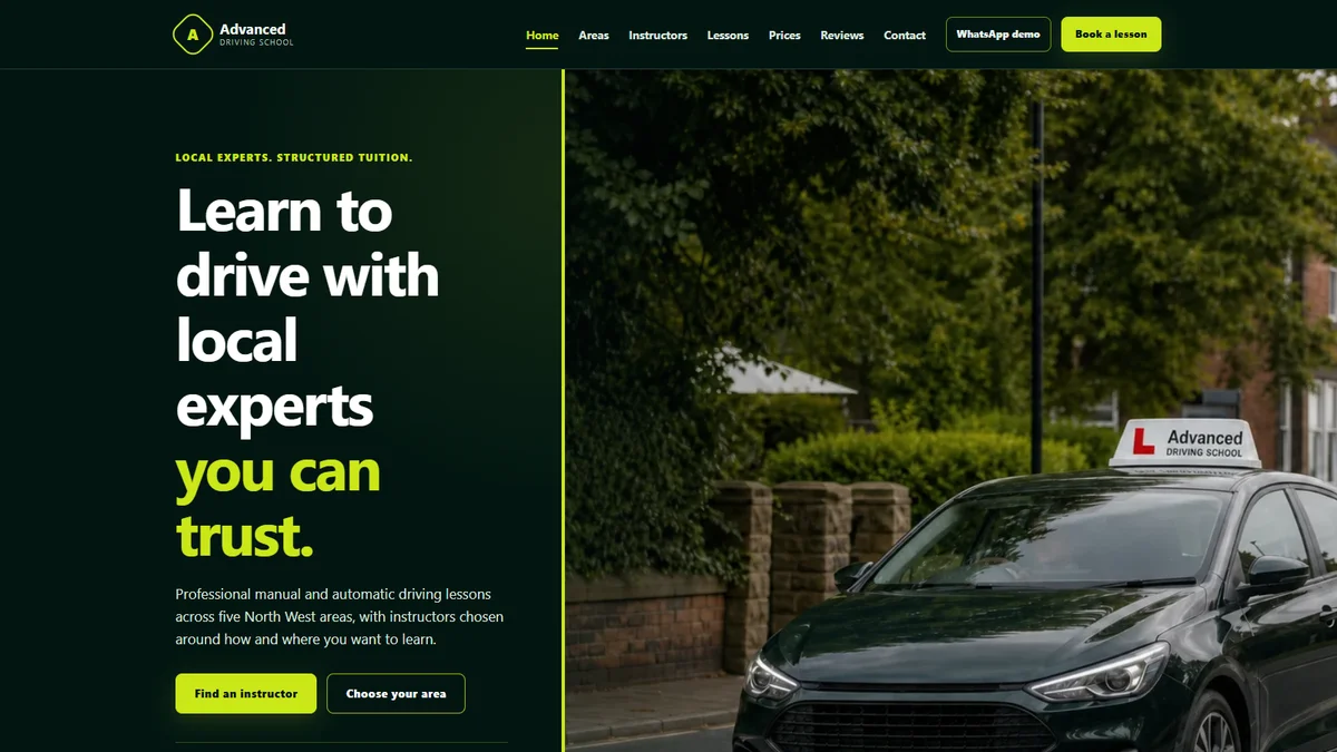 Growth driving school demonstrator homepage, presenting a school with multiple areas and instructors.