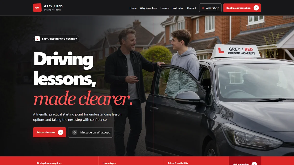 Signature driving website demonstrator hero, with Grey / Red Driving Academy branding, the Driving lessons, made clearer headline and an instructor and learner beside a car.