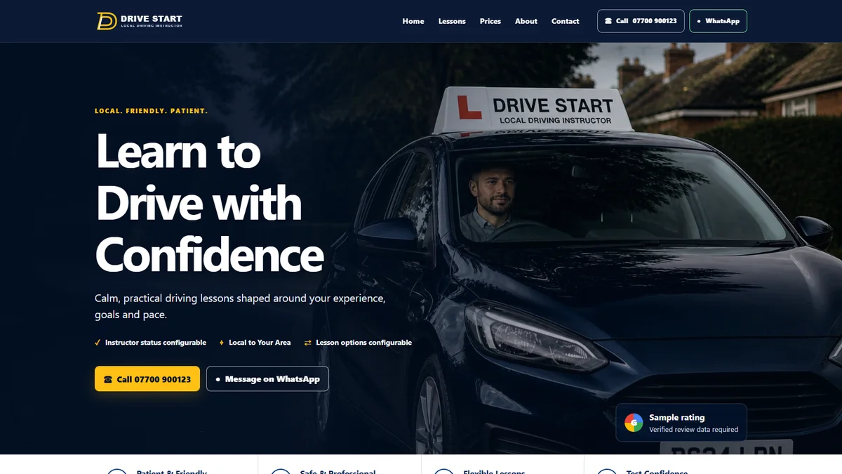 Navy Blue Driving demonstrator homepage: navy and yellow design with a driving lesson photograph.