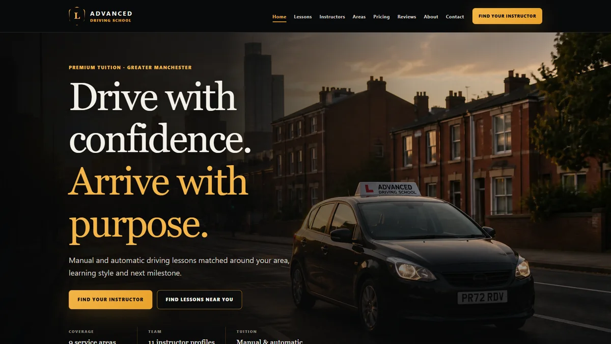 Obsidian Amber Driving demonstrator homepage: dark and amber design with a driving school car at sunset.