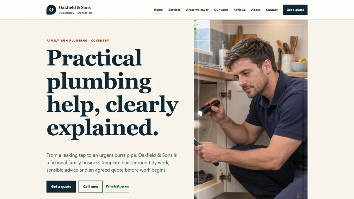 Plumbing demonstrator homepage: cream background, large serif lettering and a plumber at work.